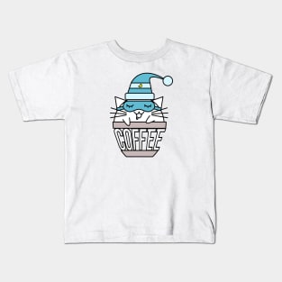 Cat in coffee cup with warped text sleeping blue Kids T-Shirt